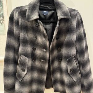 Gap Black and Gray Plaid Peacoat